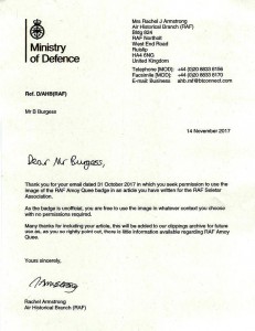 Letter from Air Historical Branch (RAF) consenting use of this crest.